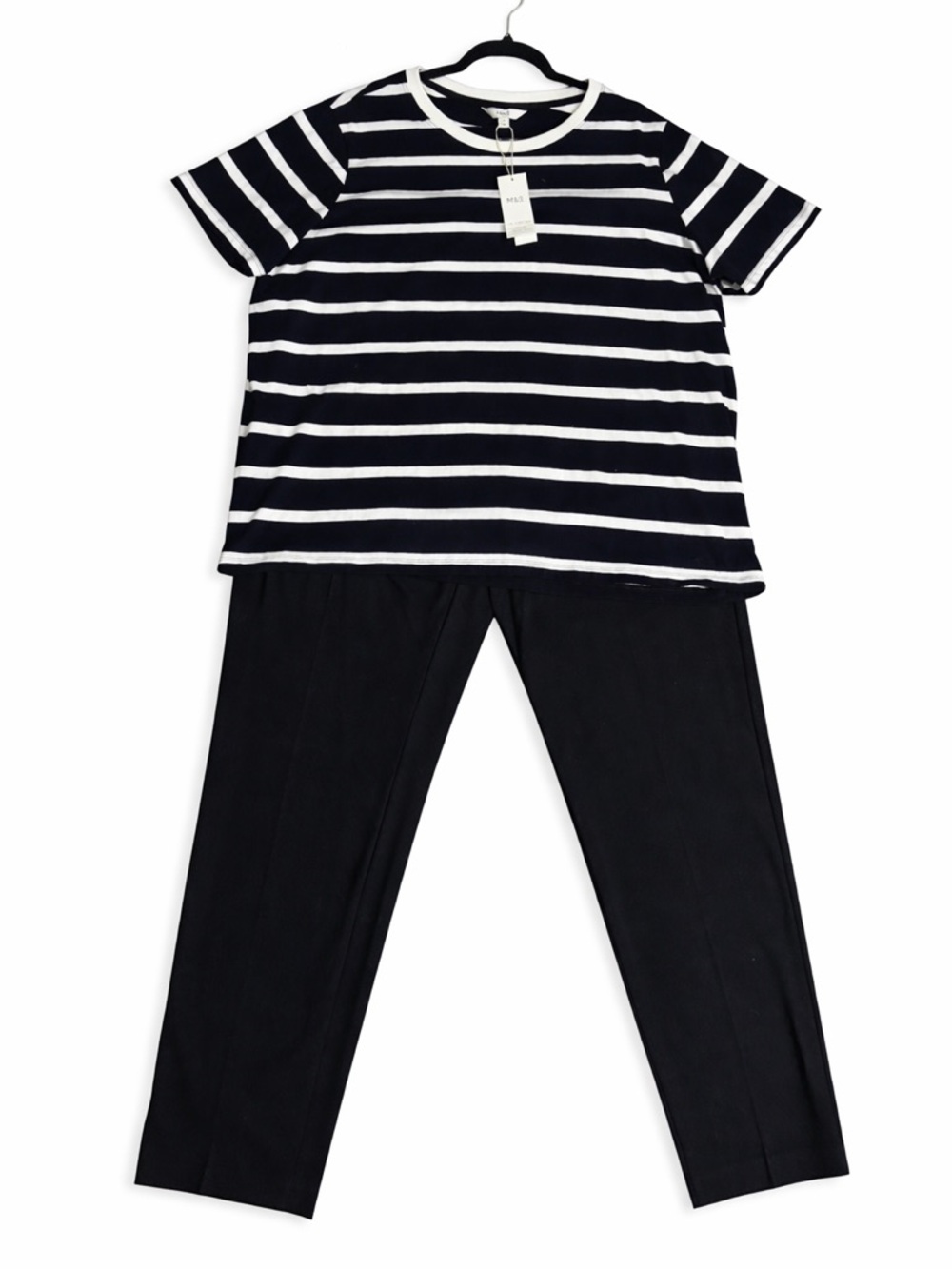 NWT M&S Navy/White Striped Top & Black Slim Ankle Pants Matching Set